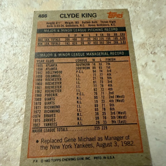 Topps Clyde King Managerial Record Card - Orange and Black - Picture 2 of 2